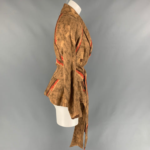 RALPH LAUREN Size 4 Tan & Brown Textured Linen Belted Jacket