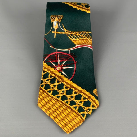 HERMES Green Gold Print Silk Neck Tie