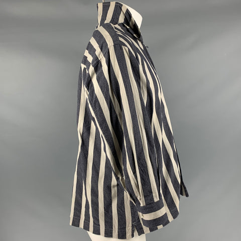 ISSEY MIYAKE Size S Grey Navy Stripe Cotton 3/4 Sleeves Long Sleeve Shirt