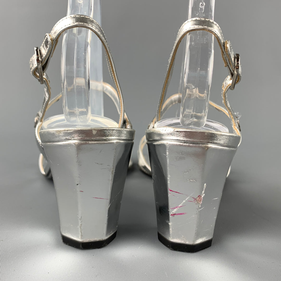 CHANEL Size 9.5 Silver Leather Strappy Sandals