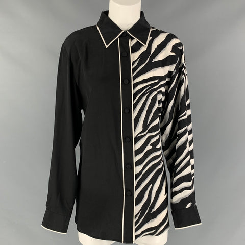 BOB MACKIE Talla M Blusa con botones y estampado de seda blanco y negro