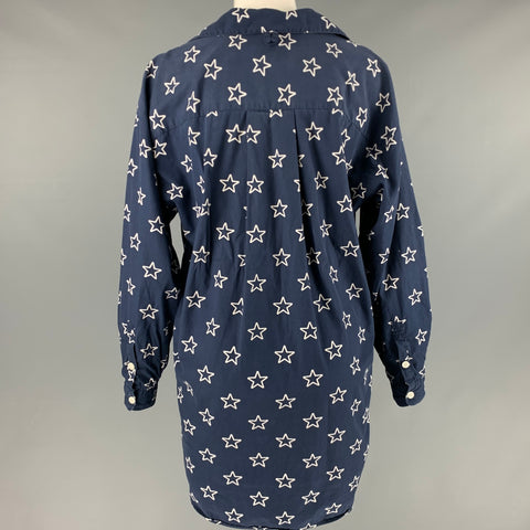 PERRY ELLIS Talla S Camisa Azul Marino Blanco Algodón Estrellas Bolsillos Parche