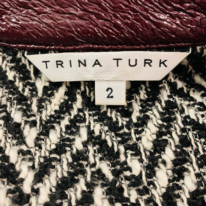 TRINA TURK Size 2 Burgundy Black White Cotton Blend Spread Collar Coat