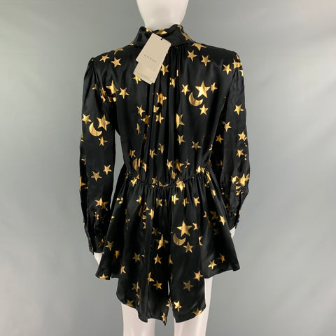 GUCCI Size 2 Black Gold Silk Stars Blouse