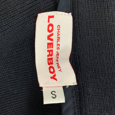 LOVERBOY Size S Navy White Distressed Wool Blend Raw Edge Cardigan