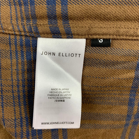 JOHN ELLIOTT Size L Mustard Blue Plaid Brushed Cotton Cropped Long Sleeve Shirt