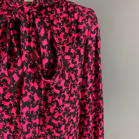 MARC JACOBS Size 6 Black Pink Silk Print Bow Blouse