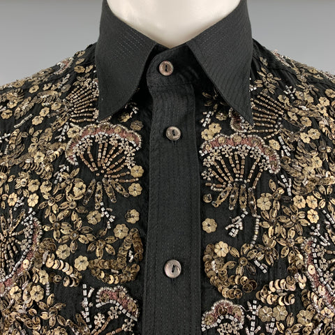 DOLCE & GABBANA Size S Black Gold Beaded Cotton Blend Long Sleeve Shirt
