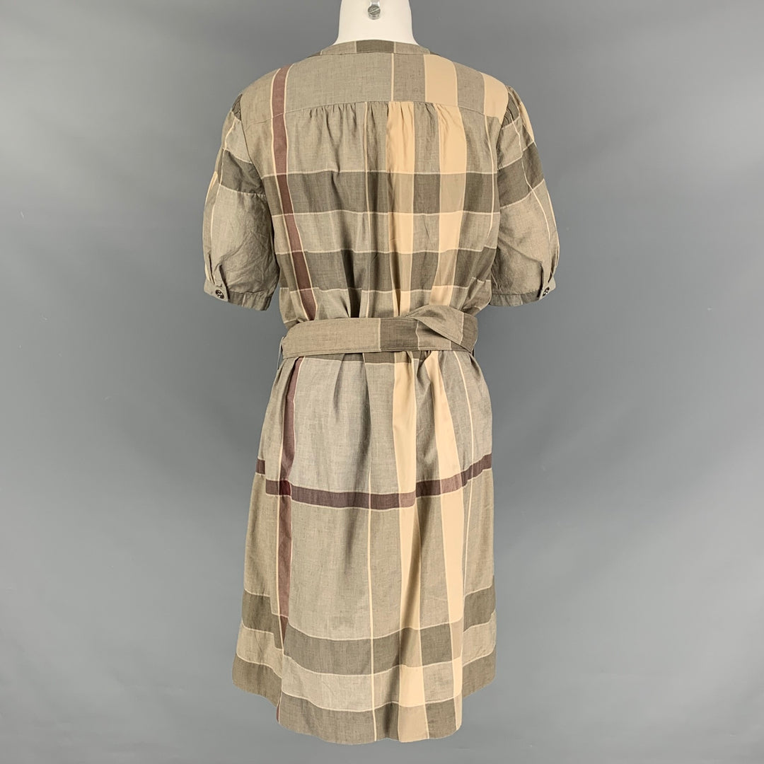 BURBERRY BRIT Size 12 Olive Beige Cotton &  Nylon Plaid Belted Dress