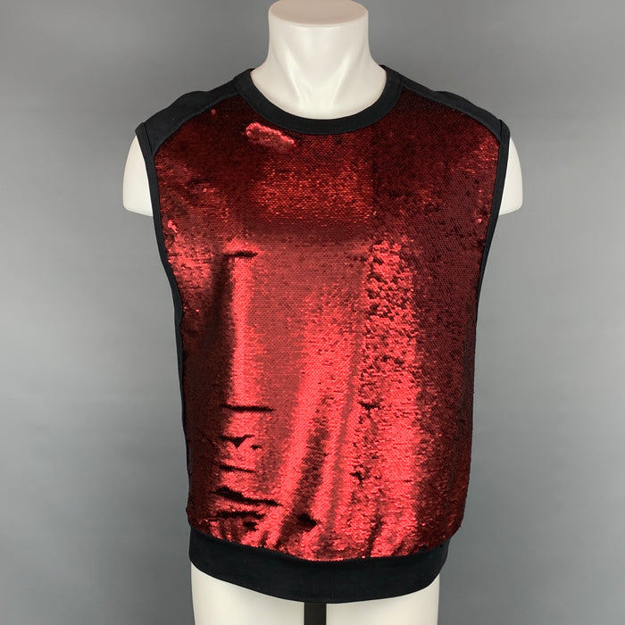 DRIES VAN NOTEN S/S 16 Size M Red & Black Sequined Cotton / Polyester Vest