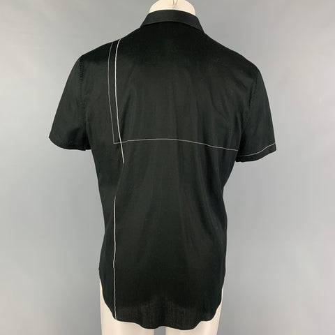 EMPORIO ARMANI Size L Black White Stripe Cotton Zip Up Short Sleeve Shirt