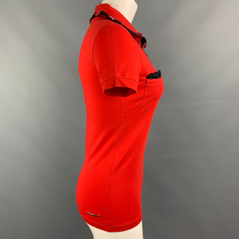 LOVE MOSCHINO Size 4 Red Black Cotton / Elastane Ruffled Pockets Buttoned Blouse