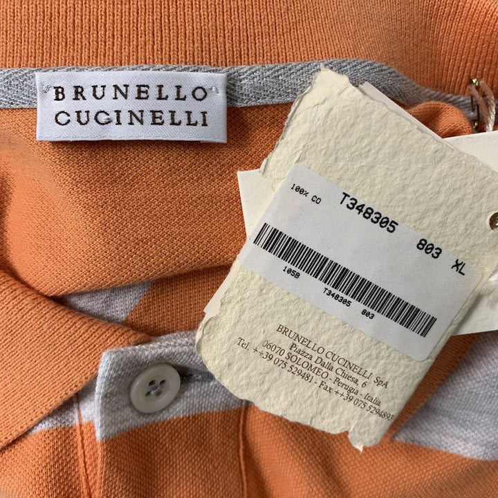 BRUNELLO CUCINELLI Size XL Orange & Light Grey Stripe Cotton Short Sleeve Polo