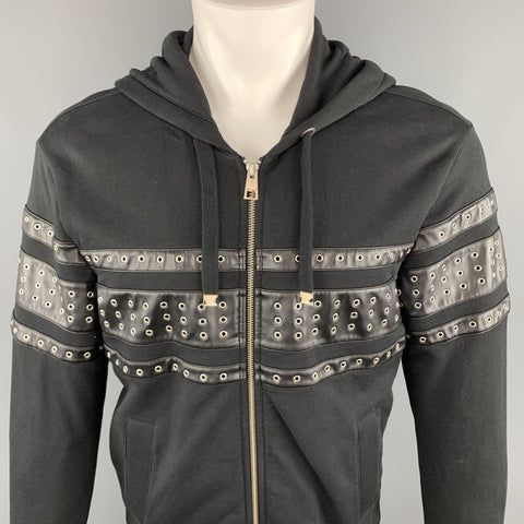 JUST CAVALLI Taille S Veste à capuche en coton noir avec œillets et bordure en cuir