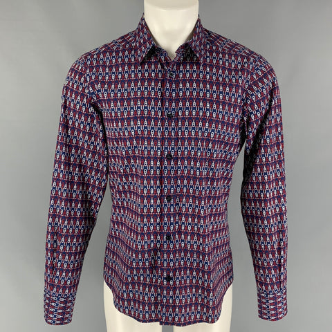 GUCCI Size M Blue Red White Chain Cotton Long Sleeve Shirt