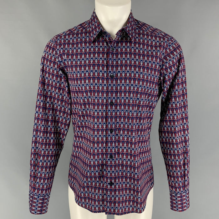 GUCCI Size M Blue Red White Chain Cotton Long Sleeve Shirt