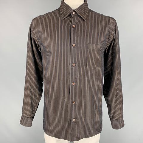 ERMENEGILDO ZEGNA Size L Brown Stripe Cotton Button Down Long Sleeve Shirt