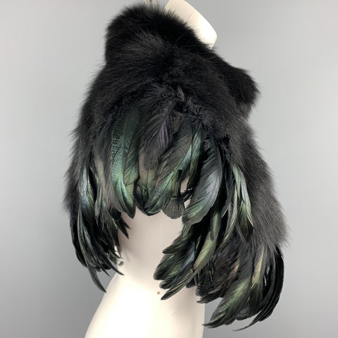 CO Mixed Materials Black Fox Fur Feathers Shawl