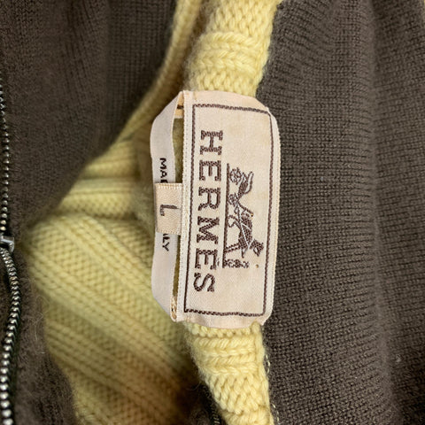HERMES Size L Yellow Ribbed Knit Wool / Cashmere Half Zip Sweater