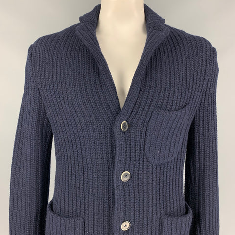 BARENA Taille L Veste en laine tricotée bleu marine avec poche plaquée