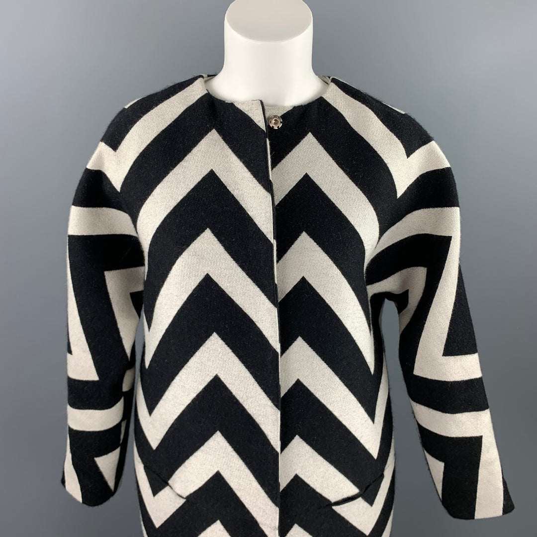 MSGM Size 6 Black & White Chevron Wool / Silk Collarless Coat