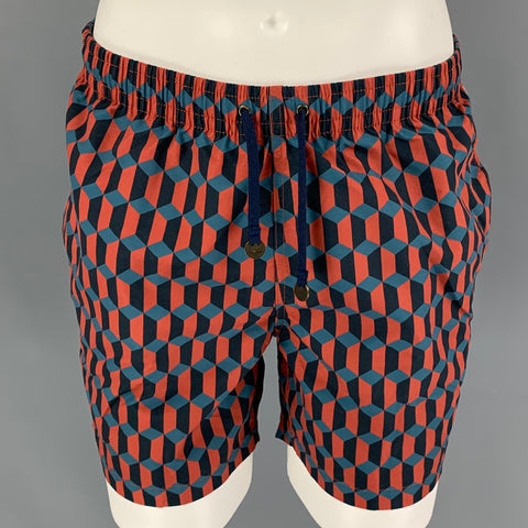 TIMO Size 30 Brick Black Blue Geometric Polyester Lined Swim Trunks