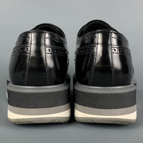 PRADA Size 9 Black Perforated Leather Wingtip Platform Lace Up Shoes