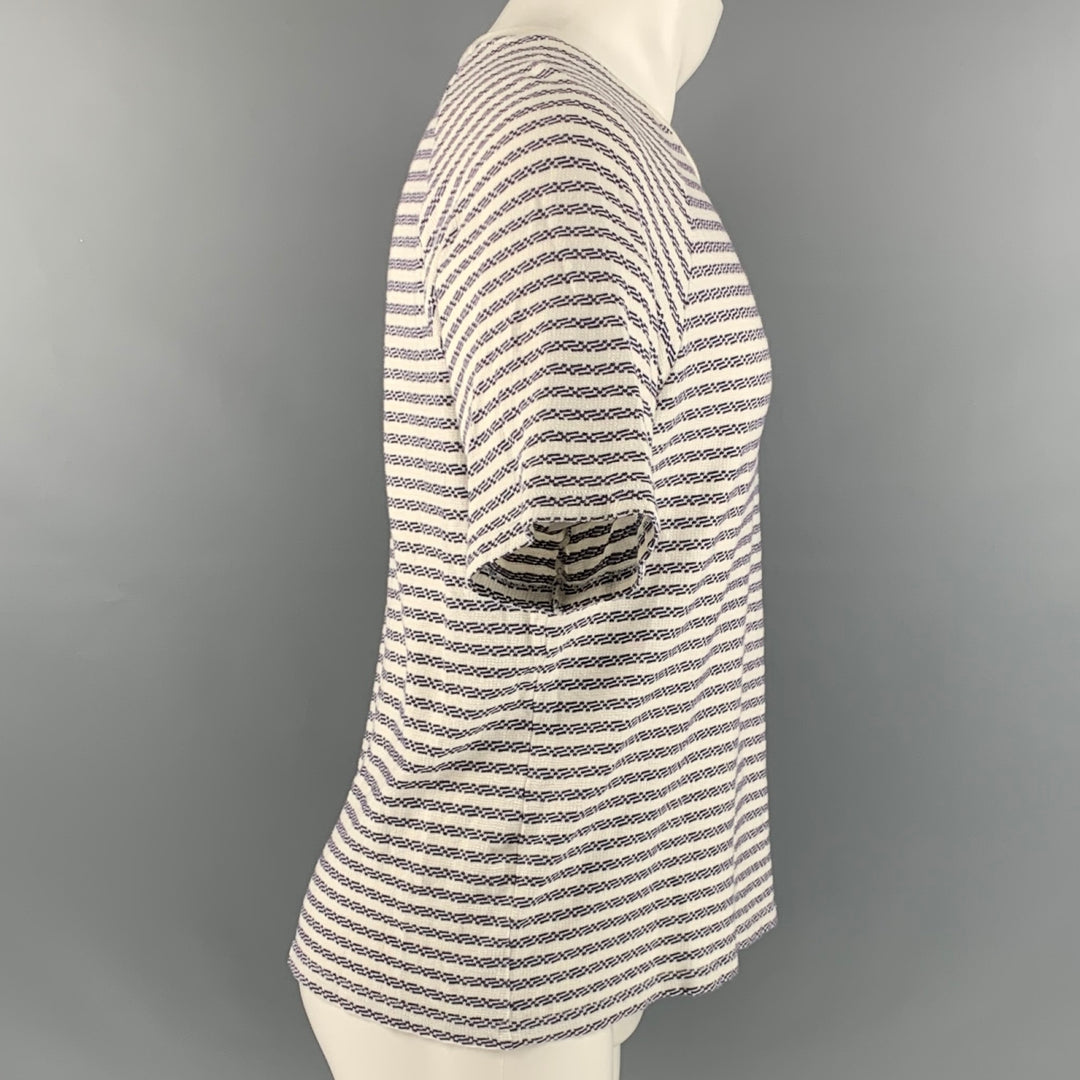 OUR LEGACY Size S White Navy Woven Cotton Crew-Neck T-shirt