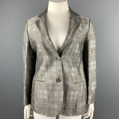 GIORGIO ARMANI Size 10 Grey Plaid Jacquard Linen Blend Notch Lapel Blazer