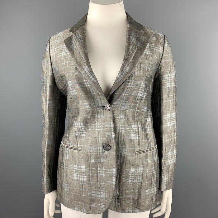 GIORGIO ARMANI Size 10 Grey Plaid Jacquard Linen Blend Notch Lapel Blazer