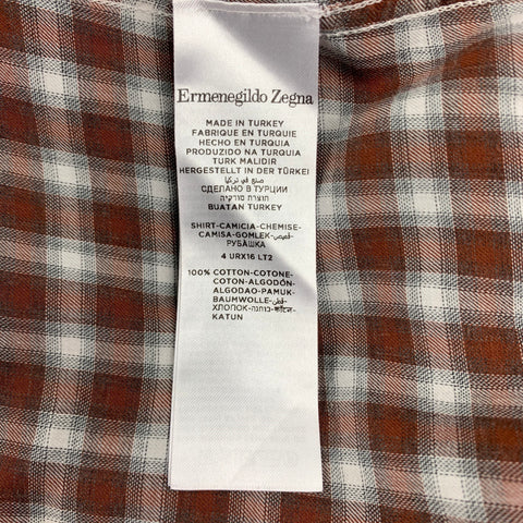 ERMENEGILDO ZEGNA Size XL Brown & White Plaid Cotton Button Down Long Sleeve Shirt