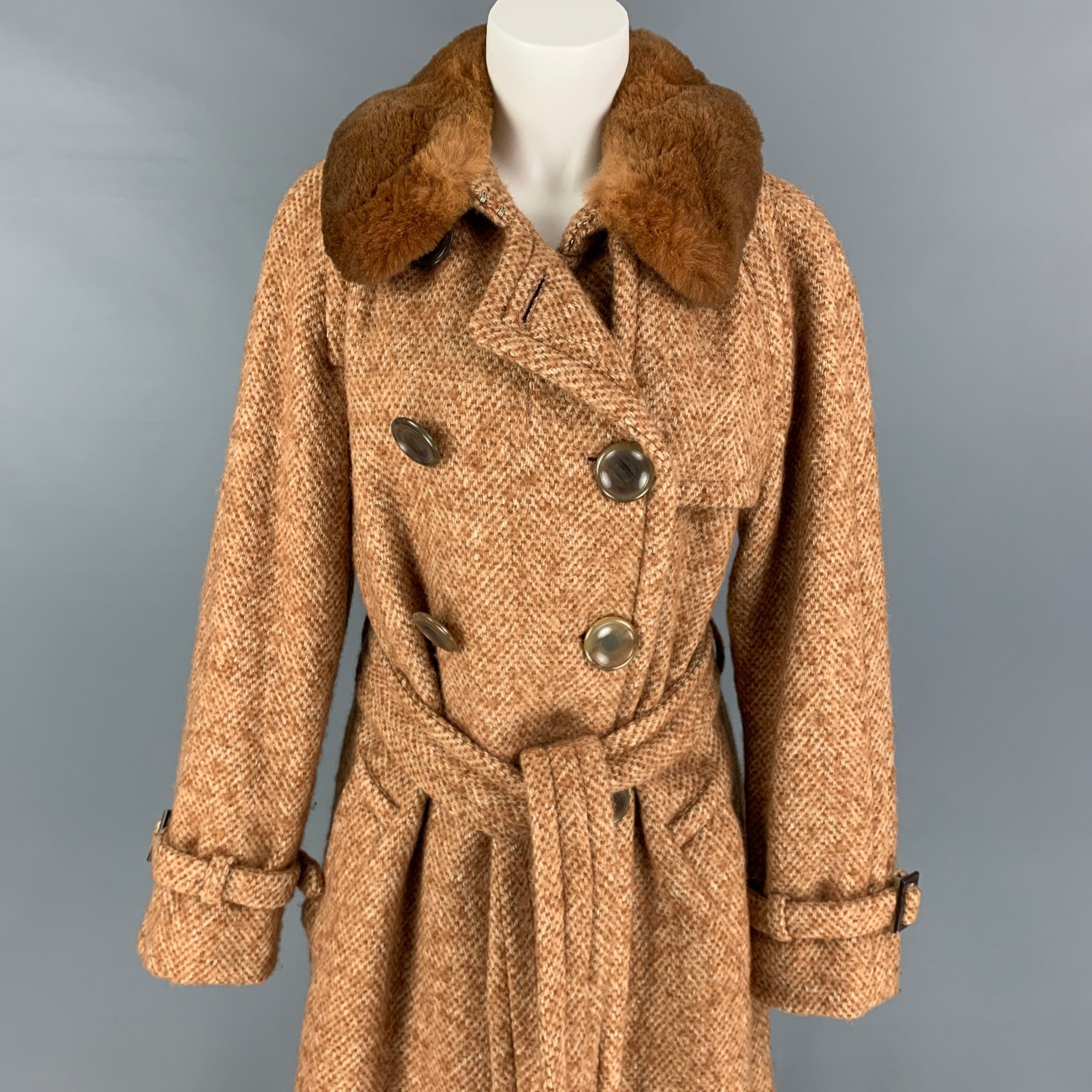 MARC JACOBS Size 12 Tan Beige Wool Blend Tweed Belted Coat – Sui