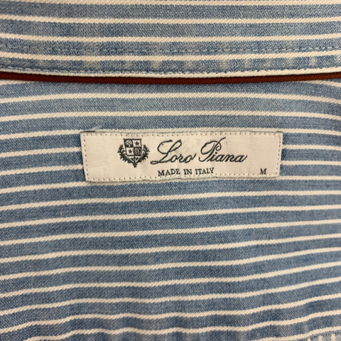 LORO PIANA Size M Blue White Stripe Cotton Button Up Long Sleeve Shirt