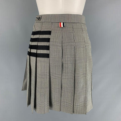 THOM BROWNE Size 2 Black White Wool Glen plaid Pleated Above Knee Skirt