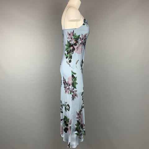 LAKE Size 4 Blue & Green Floral Satin Silk Long Dress