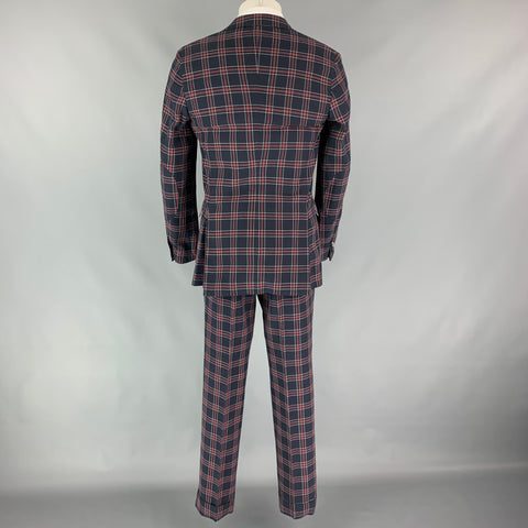 MICHAEL BASTIAN Size 38 Navy Red Plaid Cotton Peak Lapel Suit