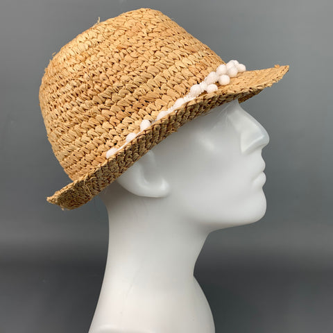 TRACY WATTS Size M Natural & White Woven Raffia Fedora Hat