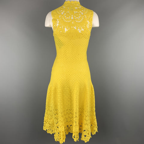 OSCAR DE LA RENTA Size XS Yellow Cotton Hand Knit Crochet Lace Sleeveless Cocktail Dress