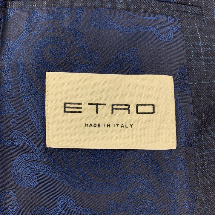 ETRO Size 38 Navy Blue Plaid Wool Blend Notch Lapel Suit