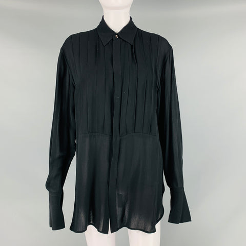 RALPH LAUREN Size 10 Black Viscose Pleated Hidden Placket Blouse