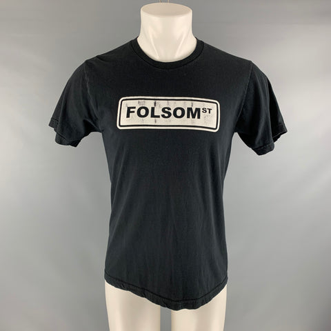 VINTAGE Taille S T-shirt à col rond en coton graphique noir blanc