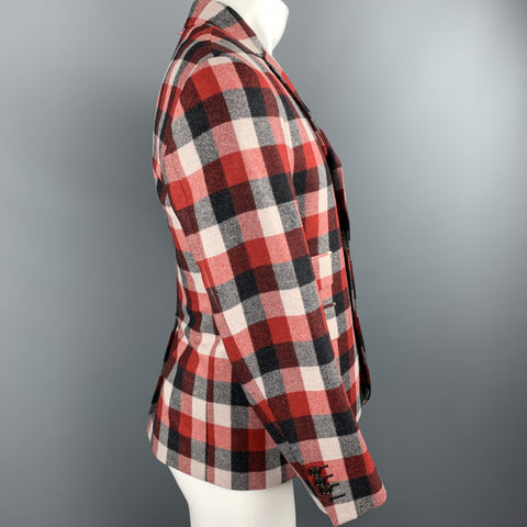 BLACK FLEECE Size 38 Notch Lapel Red Checkered Plaid Wool Sport Coat