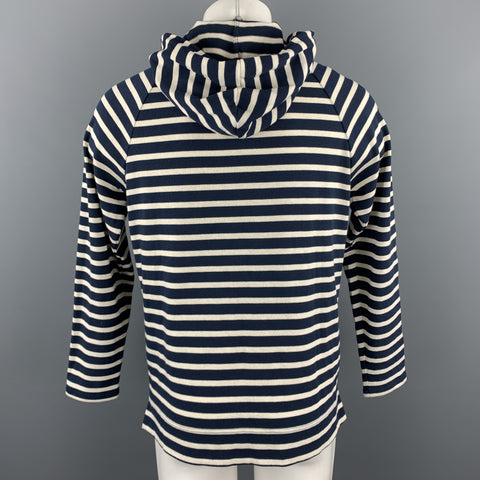 SAINT JAMES Size M Navy & Cream Stripe Cotton Hooded Kangaroo Pockets Sweatshirt