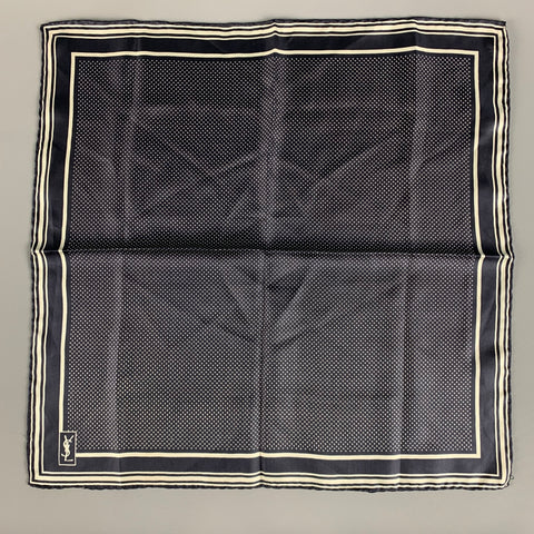 YVES SAINT LAURENT Navy White Polka Dot Silk Satin Pocket Square