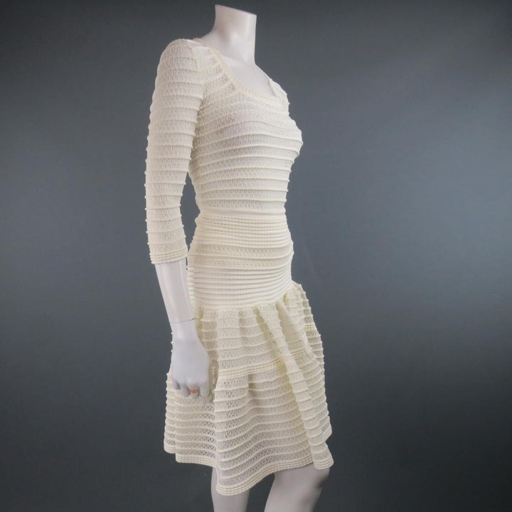 ALAIA Size M Cream Mesh Knit Scoop Neck Ruffle Skirt Set