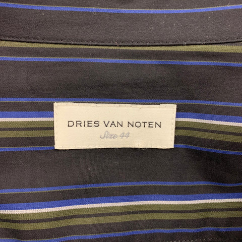 DRIES VAN NOTEN SS 19 Size L Navy & Grey Cotton Stripe Beaded Shirt