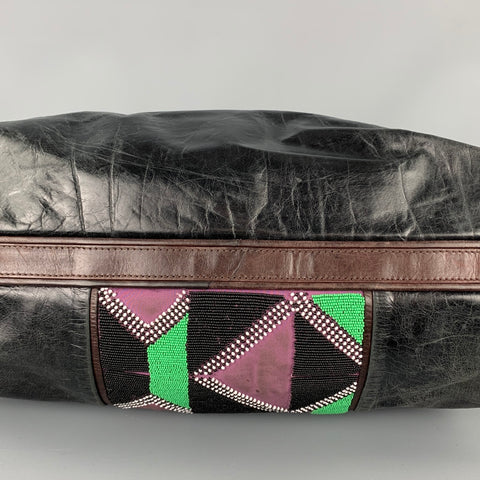 DRIES VAN NOTEN Brown & Green Patchwork Beaded Leather Handbag