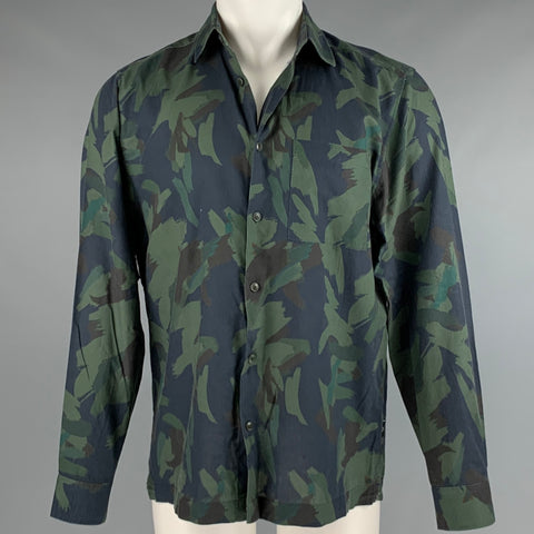 TED BAKER Size M Green Navy Camo Cotton One Pocket Long Sleeve Shirt