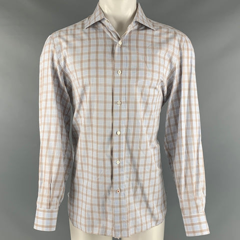 ISAIA Size L Blue Brown Plaid Cotton Long Sleeve Shirt