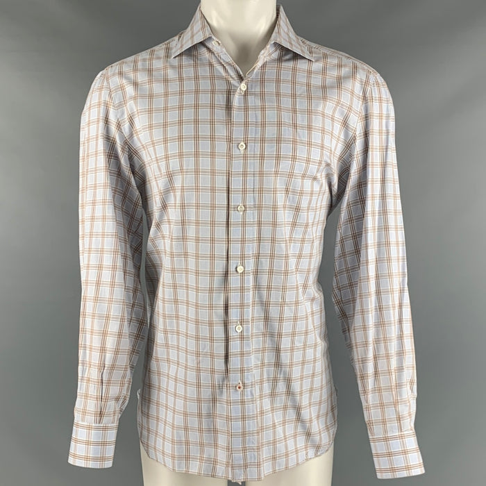 ISAIA Size L Blue Brown Plaid Cotton Long Sleeve Shirt
